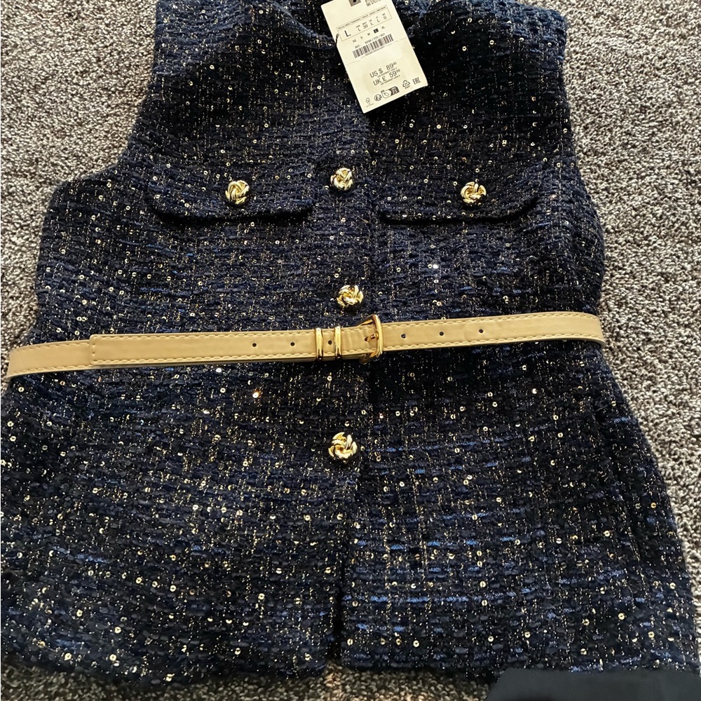 Zara Navy Sparkle Tweed Sleeveless Top with Gold Buttons - Picture 4 of 5